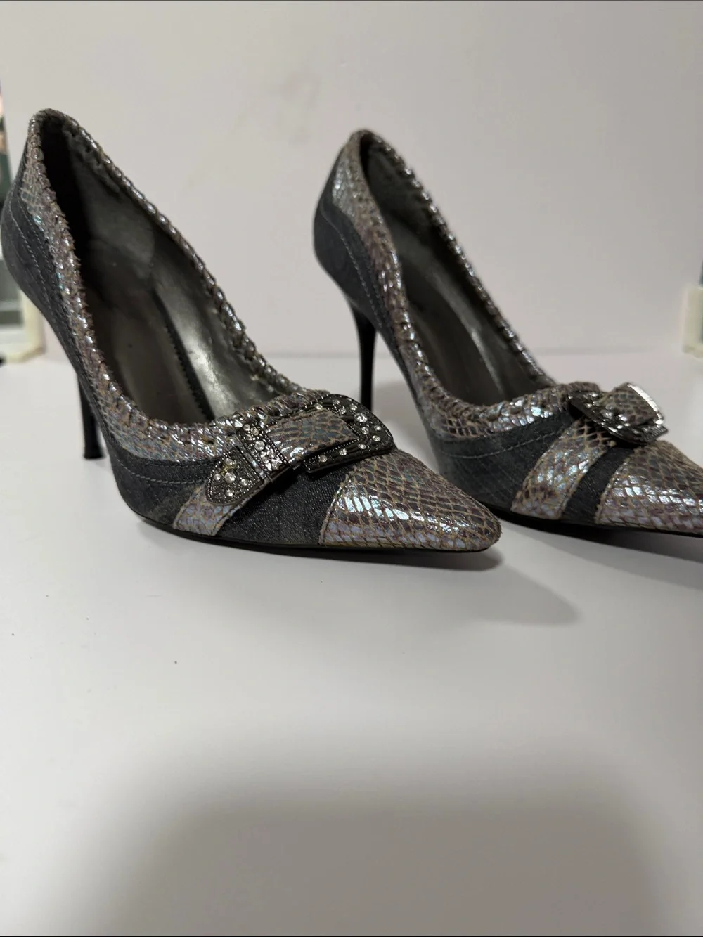 Metallic Gray Snakeskin-Accent Pointed Toe Stiletto Pumps
